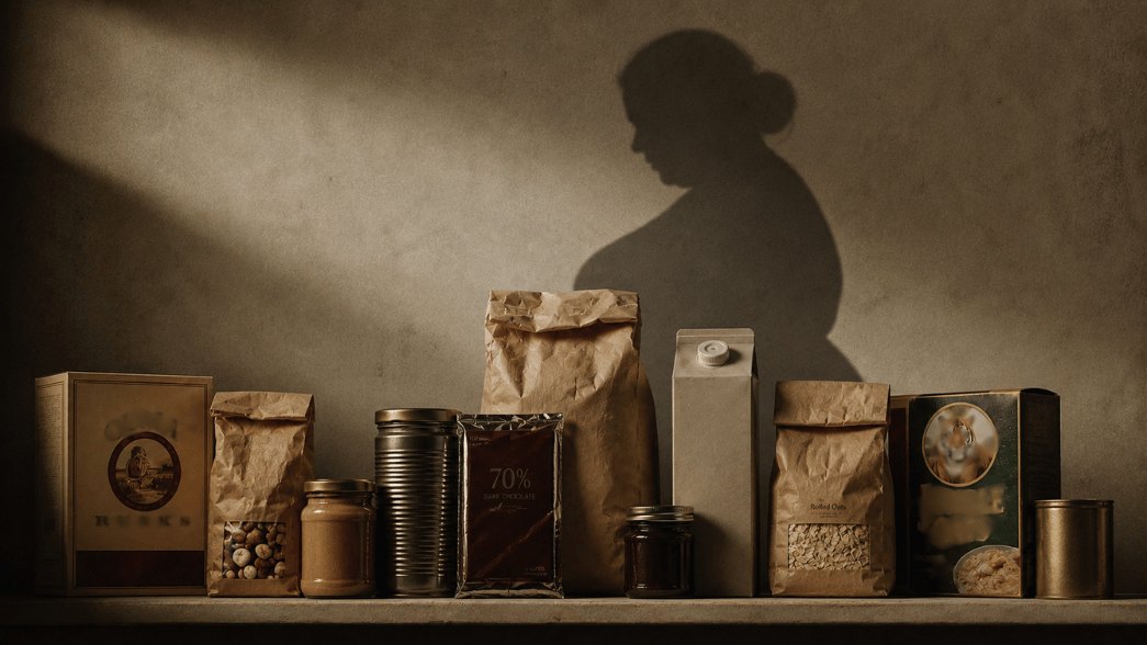 A pantry shelf of everyday processed foods beneath the looming shadow of an overweight body