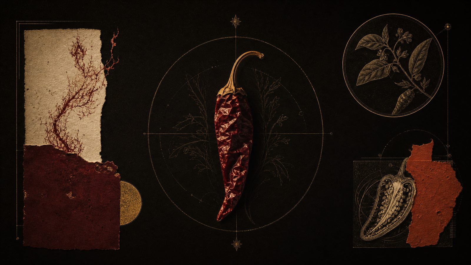 A single dried chili pepper presented as an archival specimen