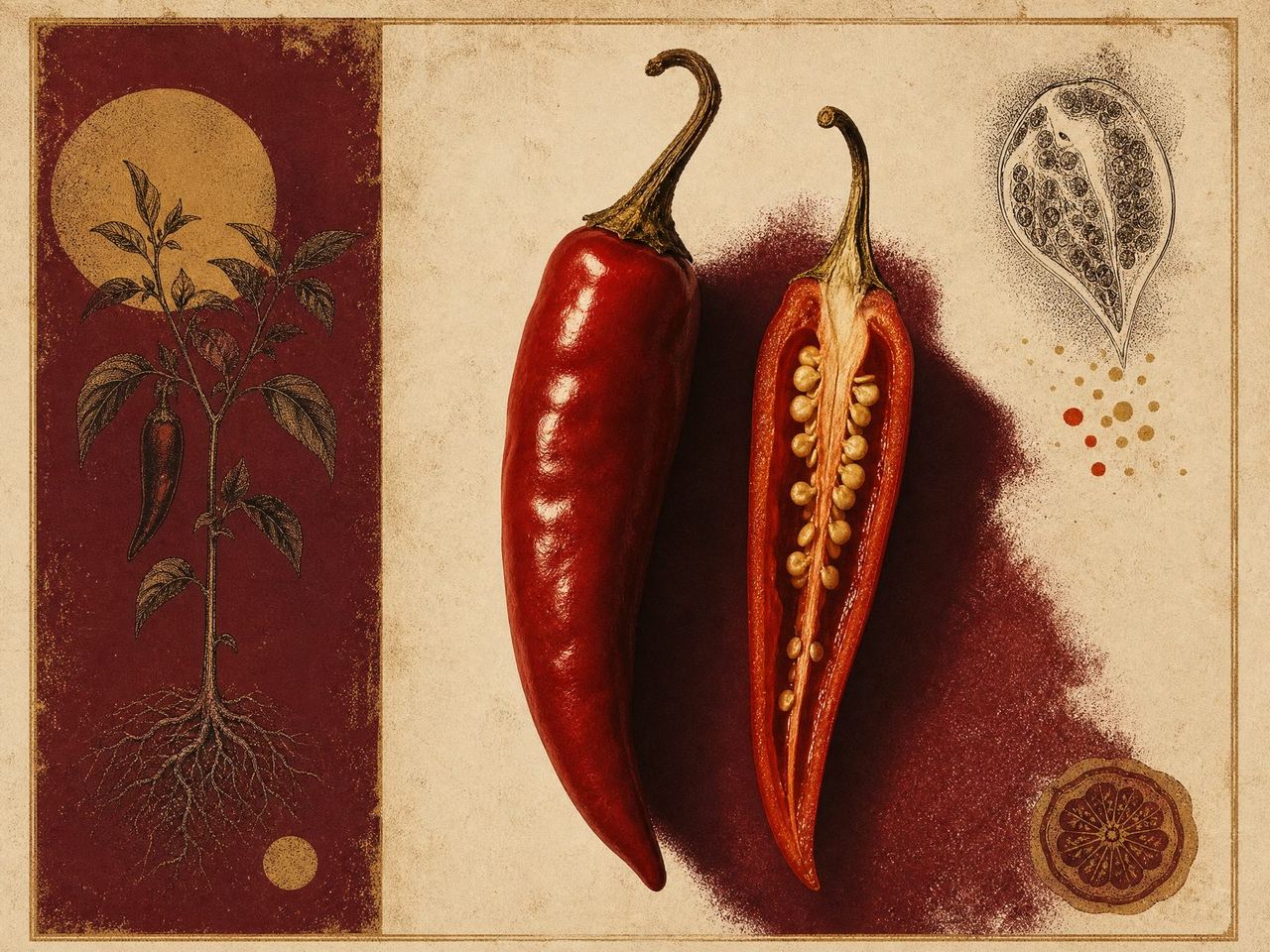 A chili pepper shown whole and in cross-section