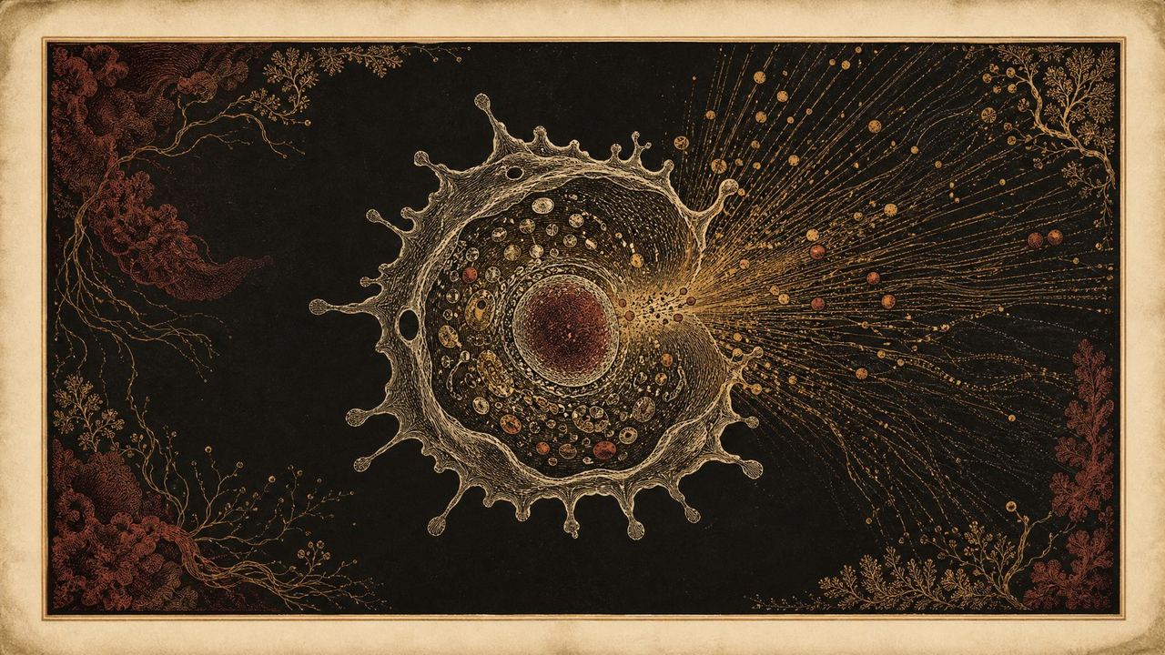 An engraved illustration of a cell releasing stored energy
