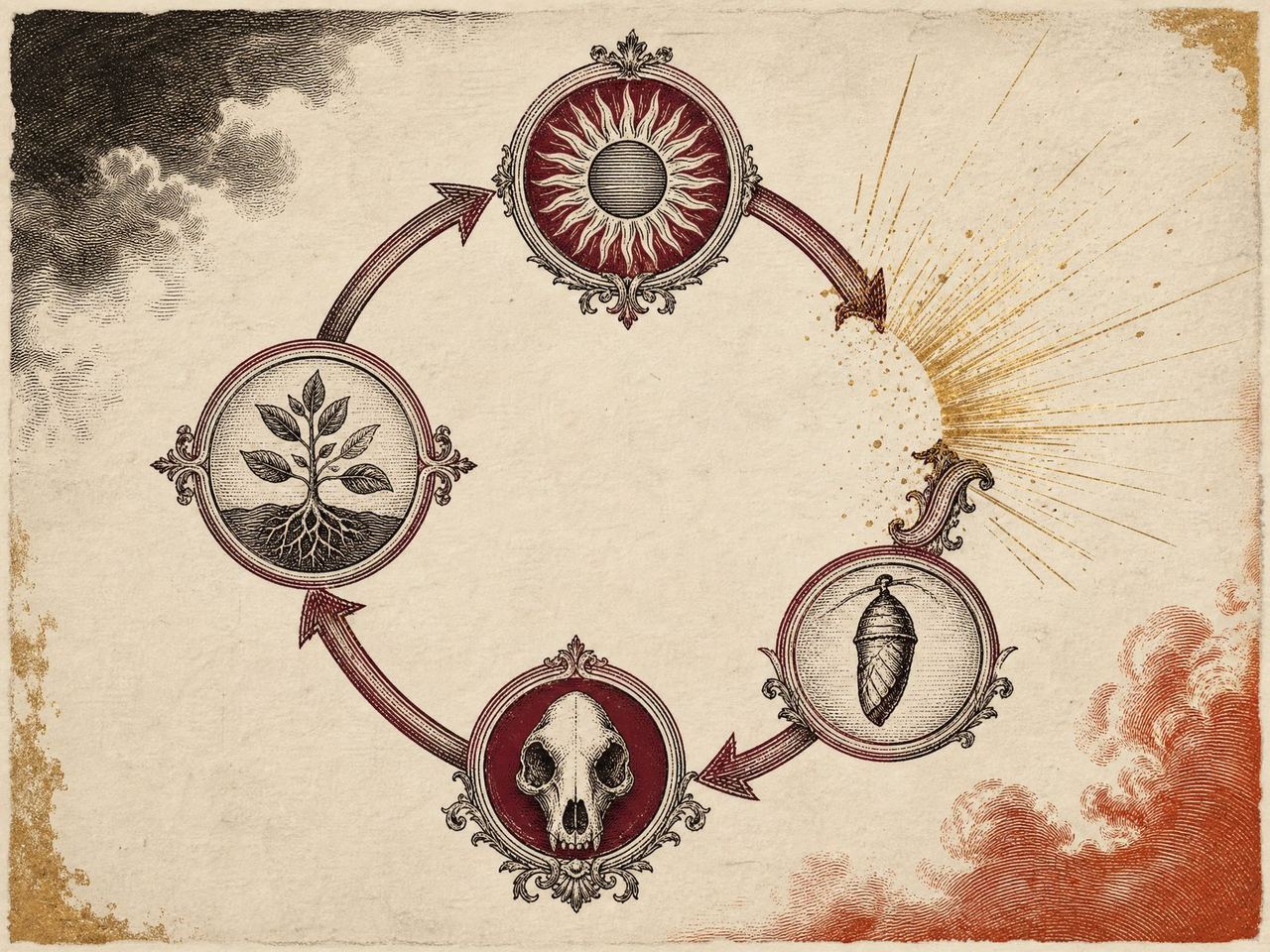 An engraved cyclical diagram of the cortisol fat-storage loop breaking open