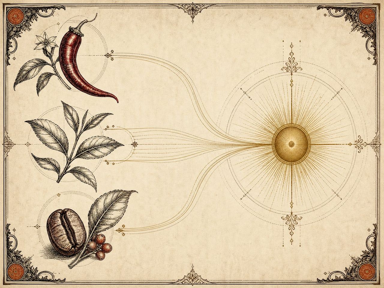 An engraved schematic of three botanical pathways converging into one