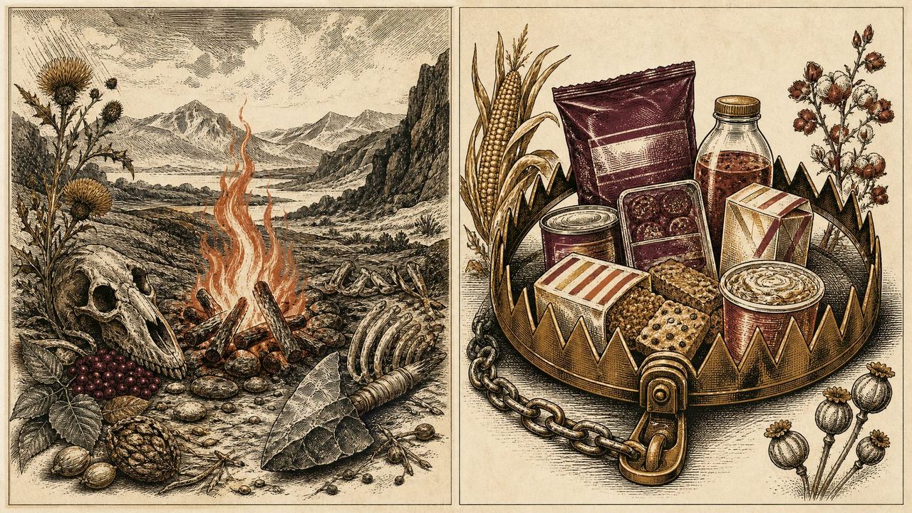 An engraved diptych contrasting ancient survival biology with engineered modern food