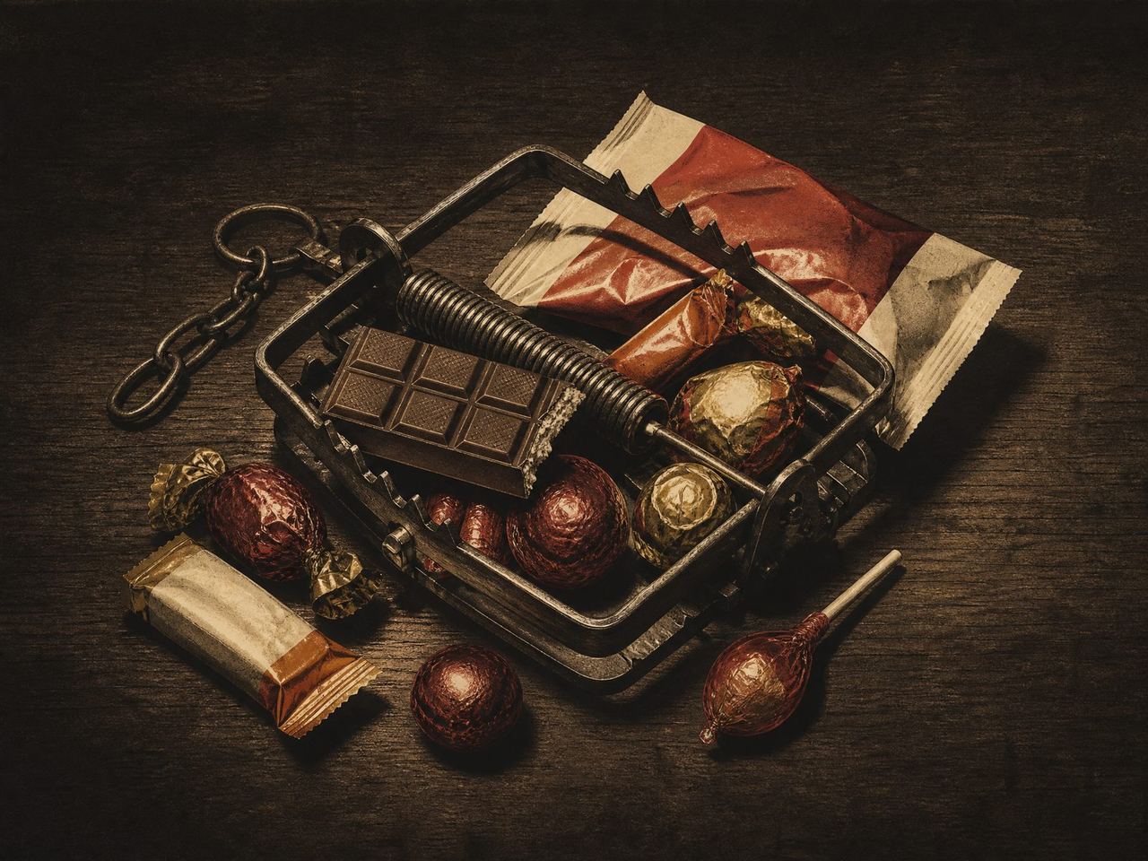 A steel trap holding wrapped processed sweets and a chocolate bar