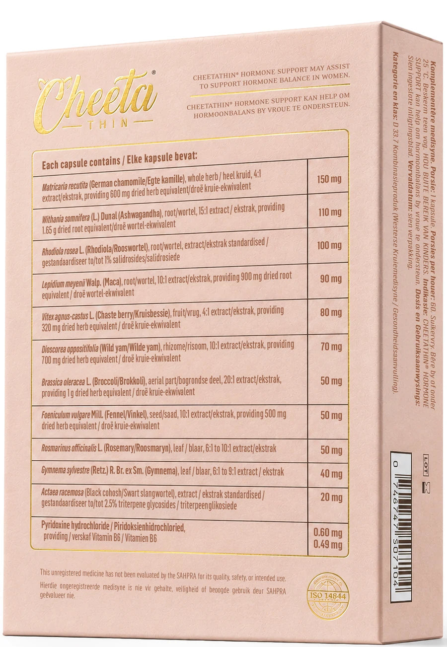 CheetaThin Hormone Support back of box: ingredients per capsule